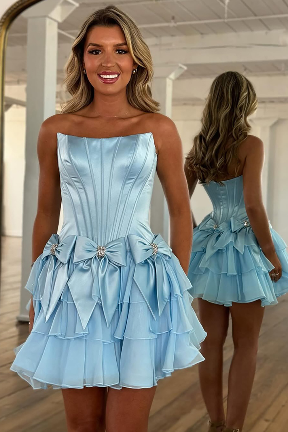 Sparkly Blue A Line Beaded Short Corset Homecoming Dress with Bows