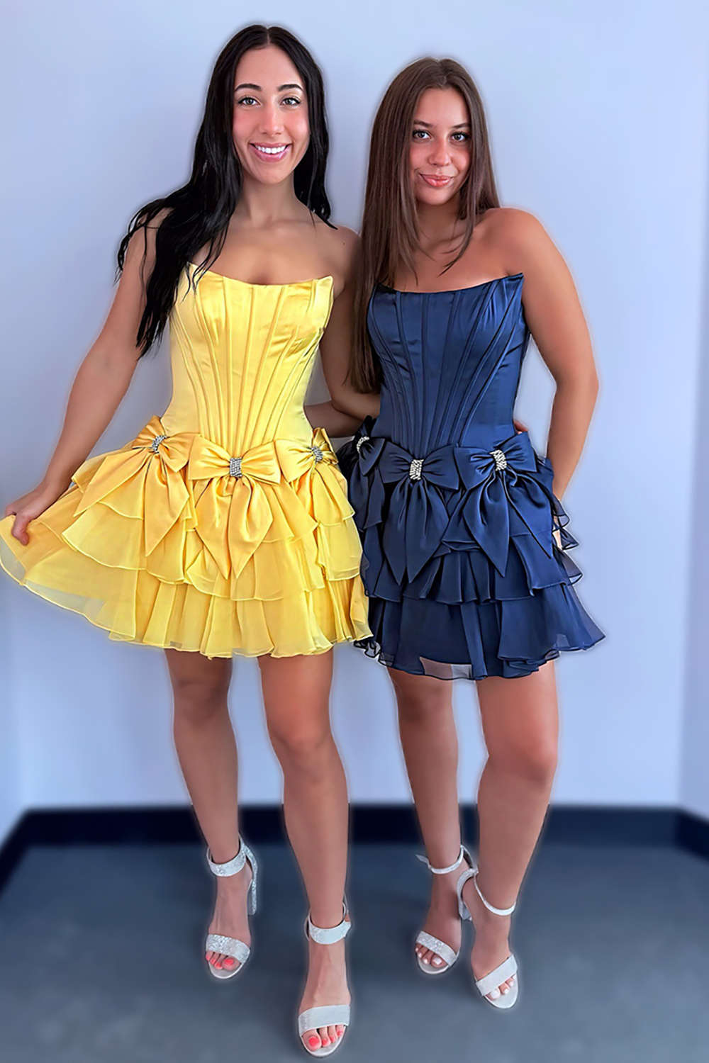 Sparkly Navy A Line Strapless Short Corset Homecoming Dress with Bows