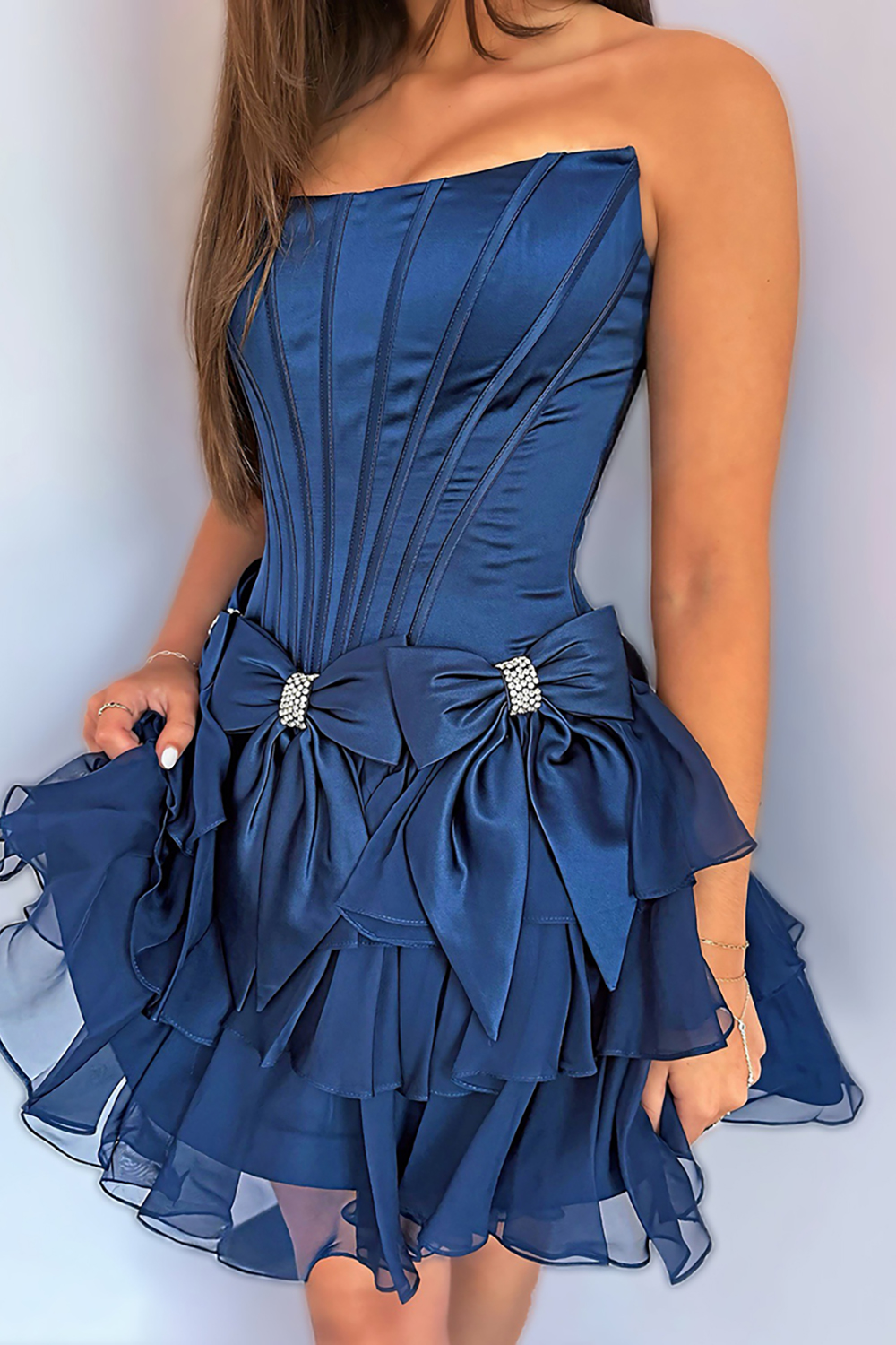 Sparkly Navy A Line Strapless Short Corset Homecoming Dress with Bows