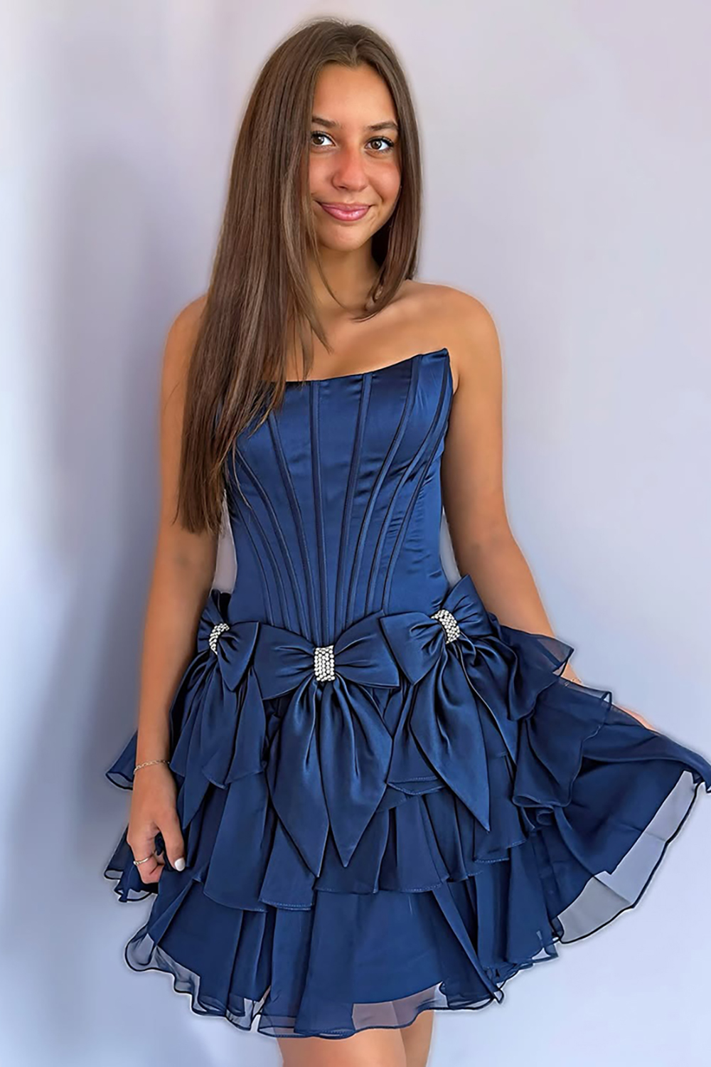 Sparkly Navy A Line Strapless Short Corset Homecoming Dress with Bows