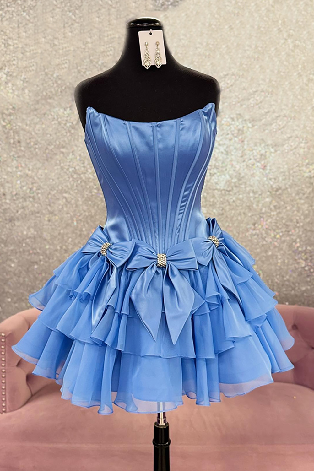 Sparkly Blue A Line Beaded Short Corset Homecoming Dress with Bows