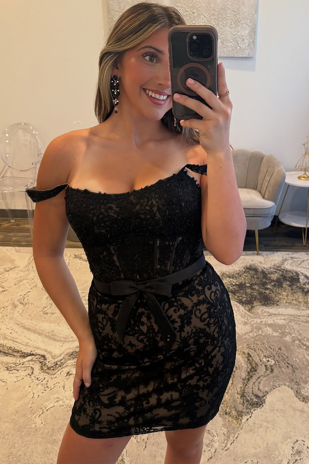 Black Lace Off the Shoulder Short Corset Homecoming Dress with Bow