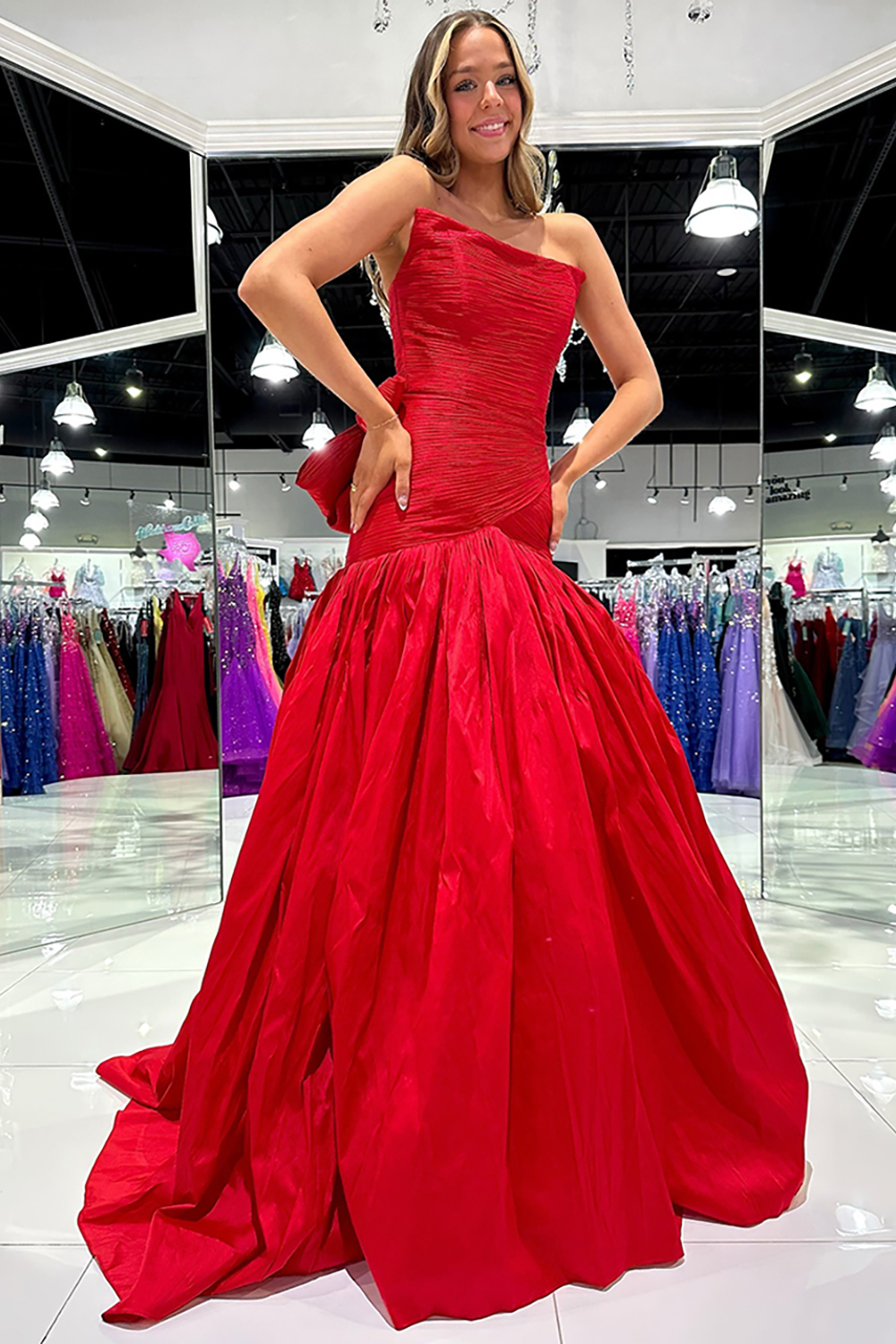Red Strapless A Line Long Pageant Dress with Bow