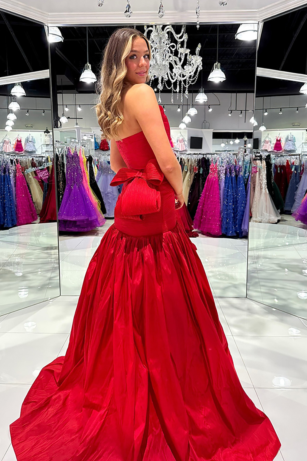 Red Strapless A Line Long Pageant Dress with Bow