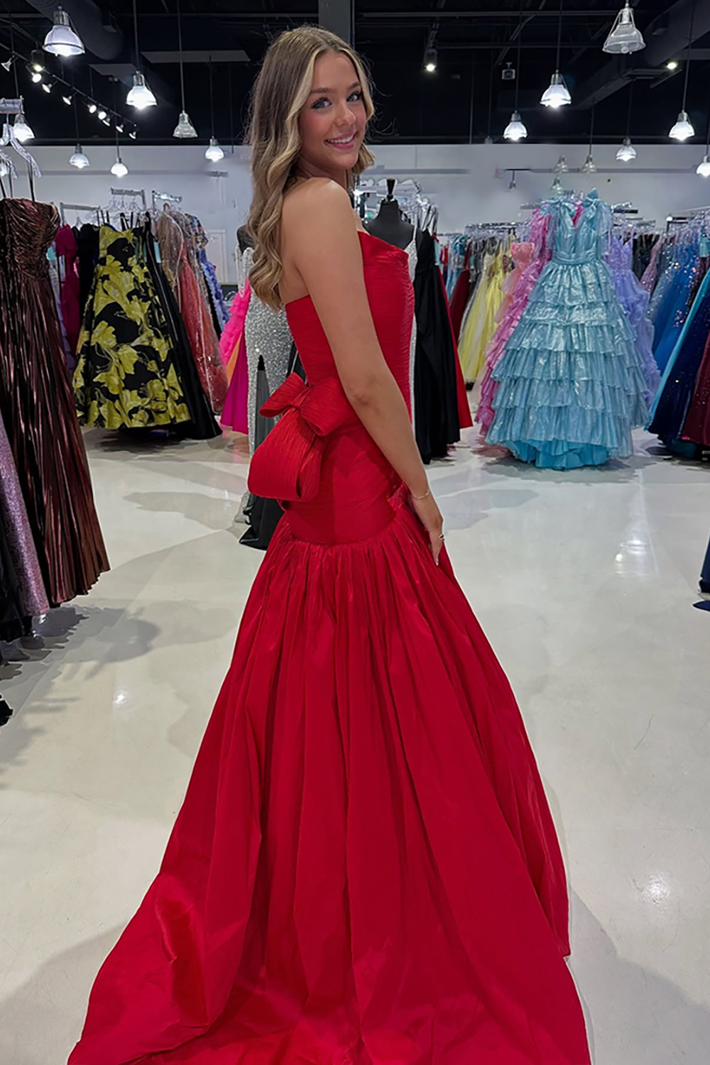 Red Strapless A Line Long Pageant Dress with Bow
