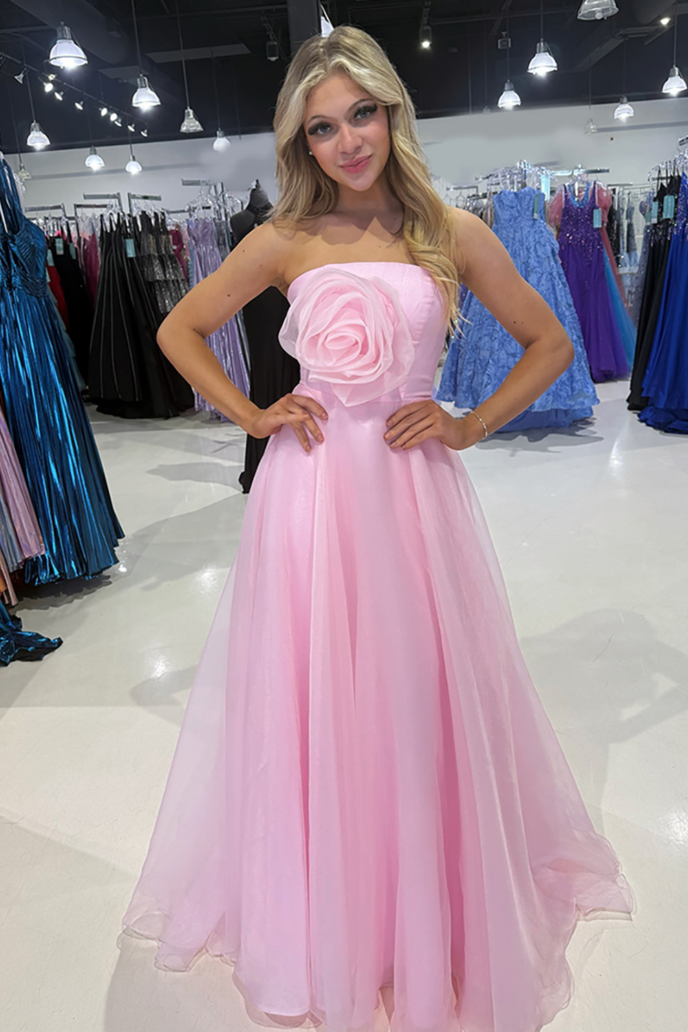 Pink Organza Strapless A Line Long Pageant Dress with 3D Flower