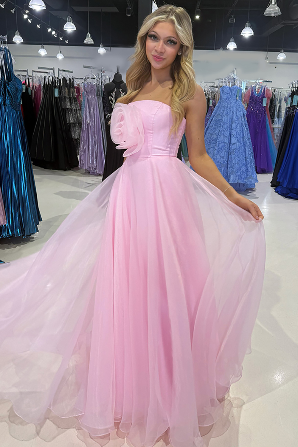 Pink Organza Strapless A Line Long Pageant Dress with 3D Flower