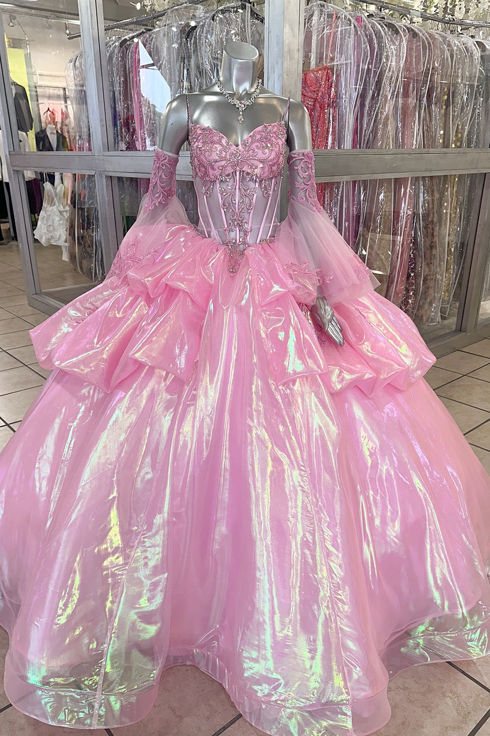 Sparkly Pink Corset Beaded 3/4 Sleeves Princess Ball Gown Long Quinceanera Dress