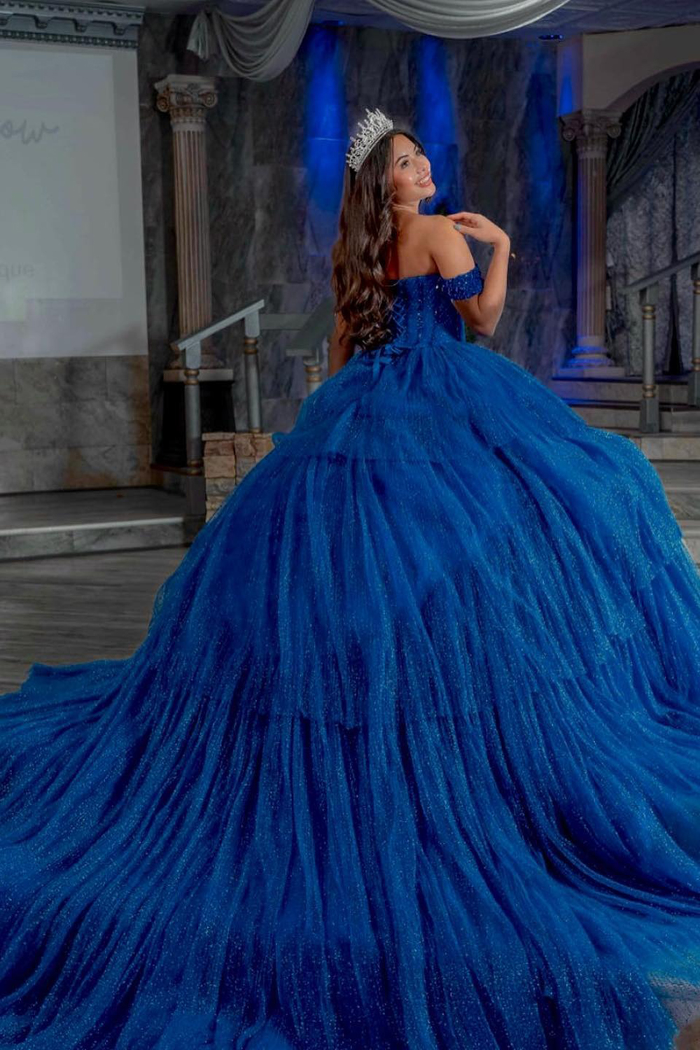 Sparkly Royal Blue Tulle Corset Tiered Princess Ball Gown Long Quinceanera Dress