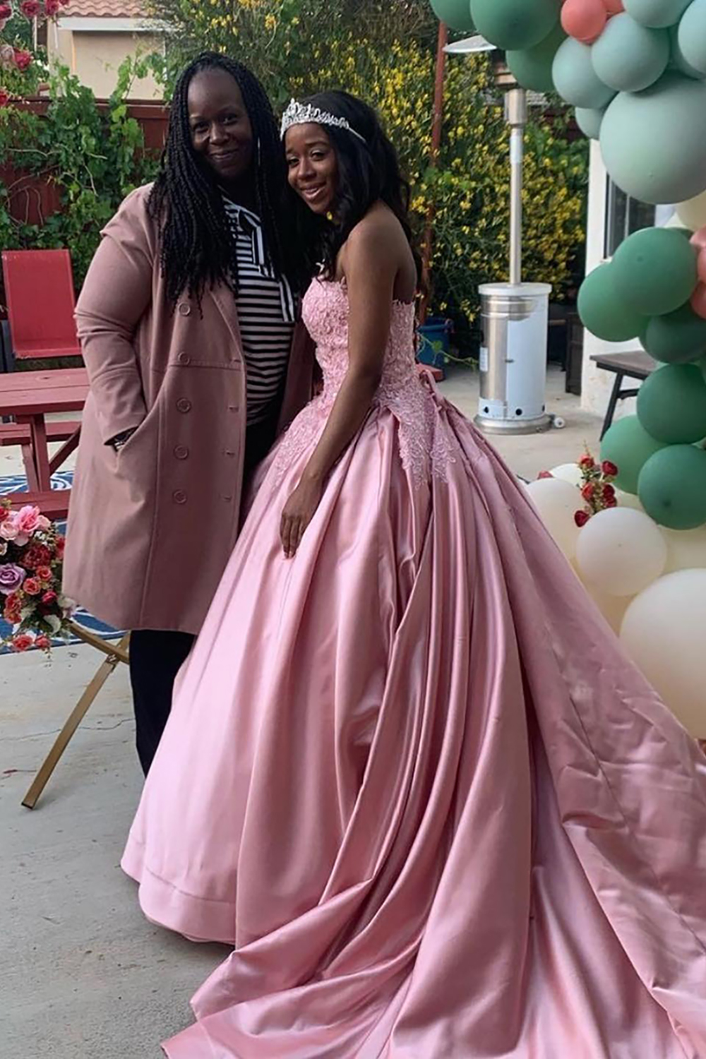 Pink Satin Princess Sweetheart Ball Gown Long Quinceanera Dress with Lace