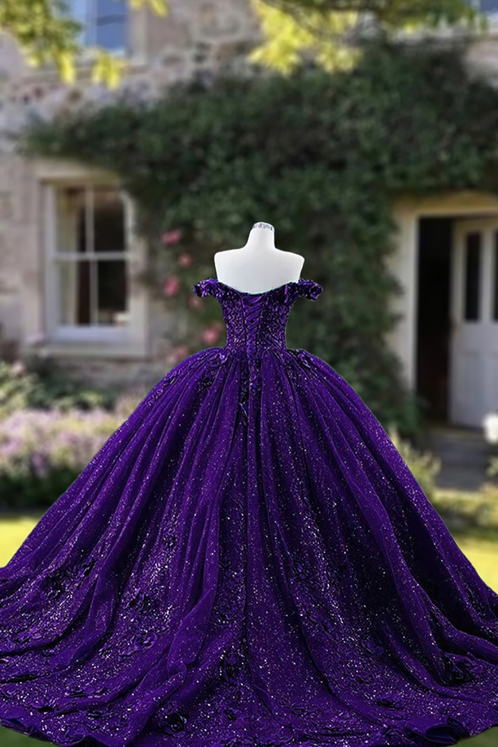 Glitter Purple Off The Shoulder Corset Princess Ball Gown Long Quinceanera Dress
