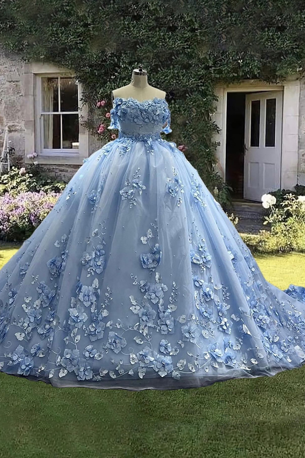 Blue Floral Off The Shoulder Princess Ball Gown Long Quinceanera Dress