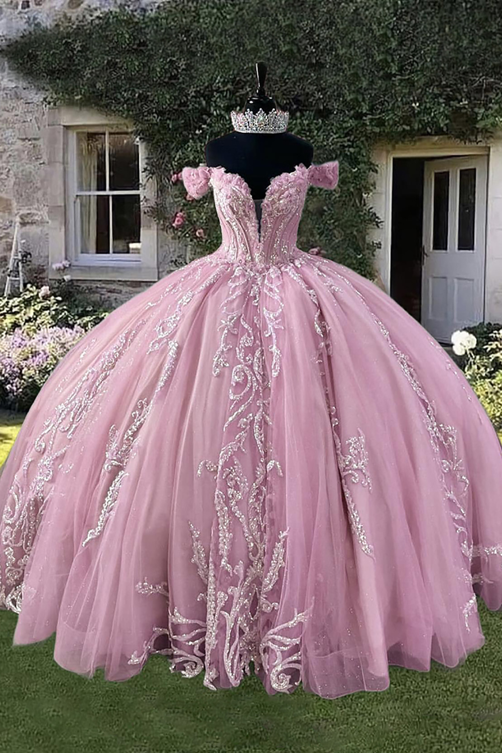 Sparkly Pink Corset Off The Shoulder Appliqued Princess Ball Gown Long Quinceanera Dress