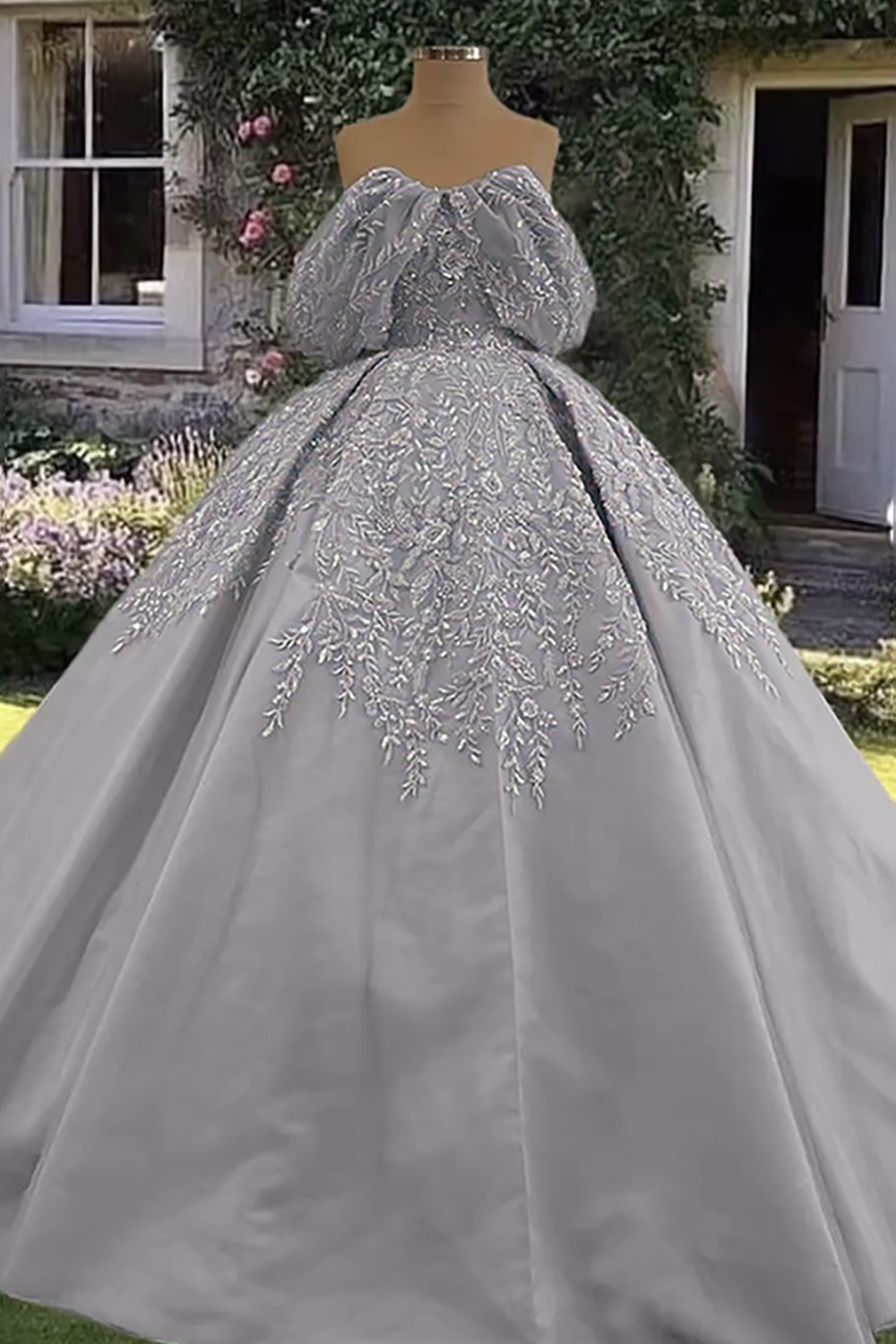 Purple Satin Off The Shoulder Appliqued Princess Ball Gown Long Quinceanera Dress