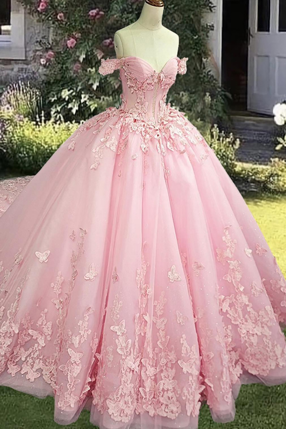 Pink Corset Off The Shoulder Princess Ball Gown Long Quinceanera Dress with Butterflies