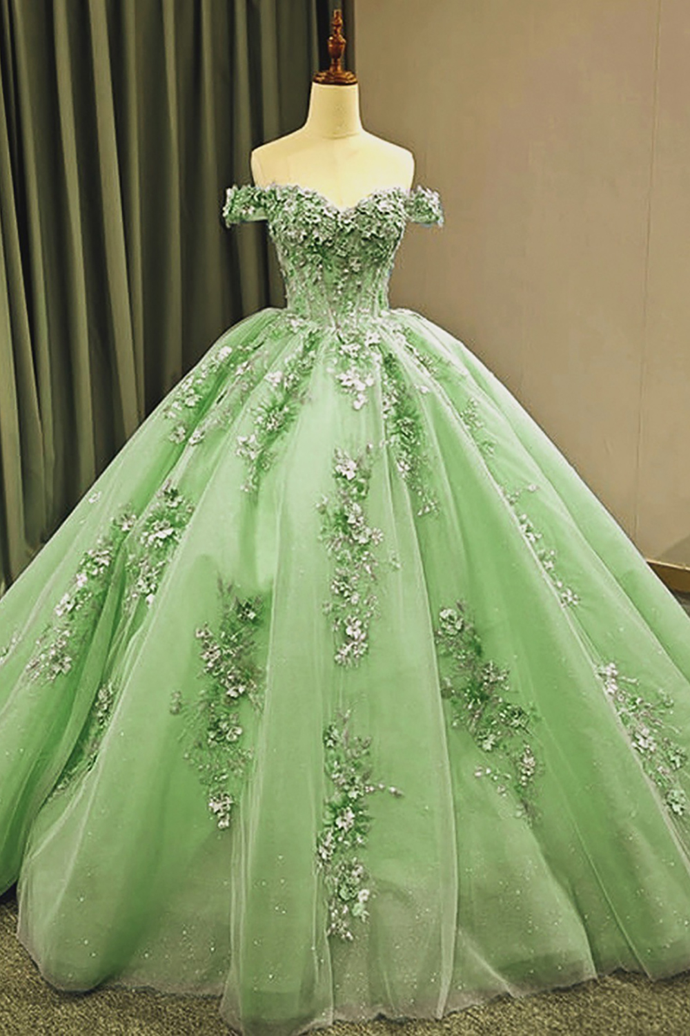 Sparkly Mint Princess Ball Gown Off The Shoulder Appliqued Long Quinceanera Dress