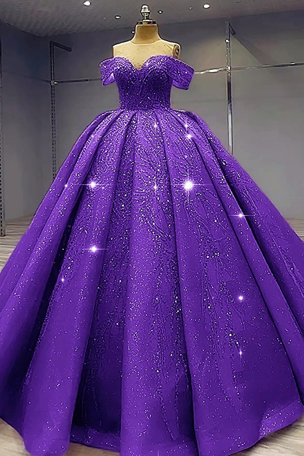 Sparkly Purple Beaded Off The Shoulder Princess Ball Gown Long Quinceanera Dress
