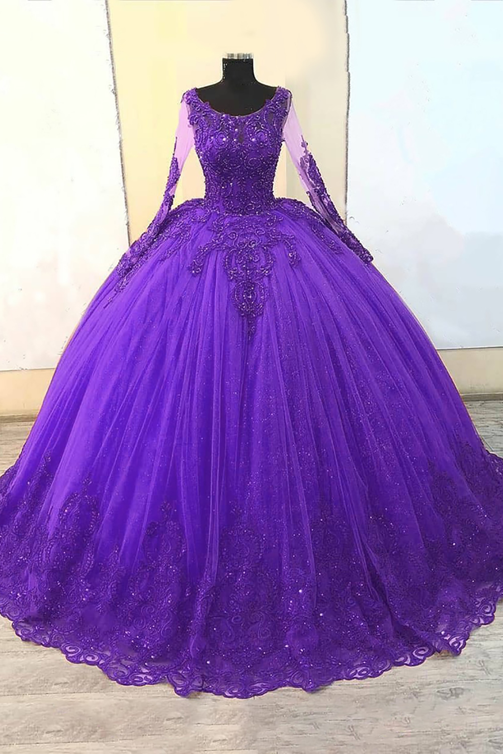 Sparkly Purple Appliqued Princess Ball Gown Long Sleeves Quinceanera Dress