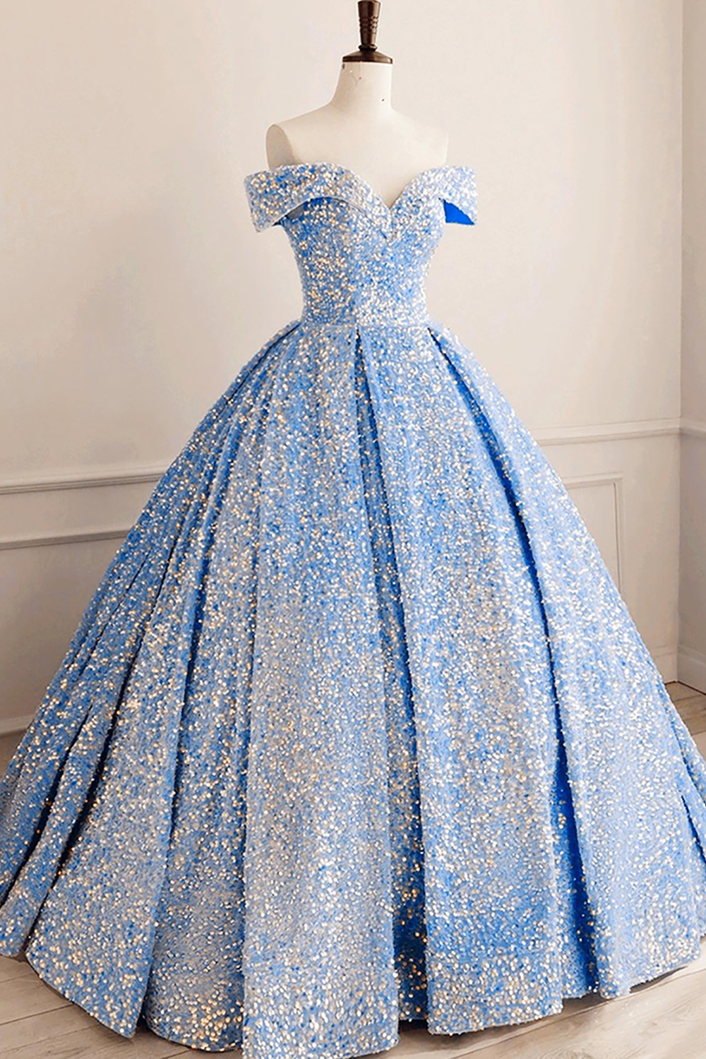 Sparkly Blue Sequins Ruched Princess Ball Gown Long Quinceanera Dress