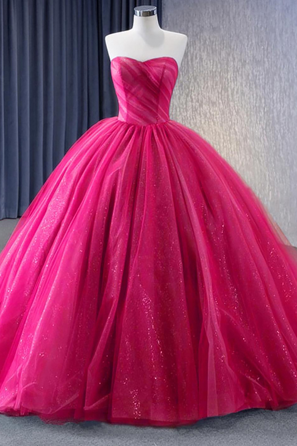 Glitter Fuchsia Corset Strapless Princess Ball Gown Long Quinceanera Dress