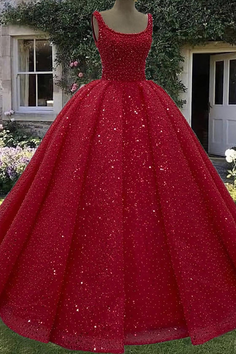 Sparkly Purple Sequins Scoop Neck Princess Ball Gown Long Quinceanera Dress