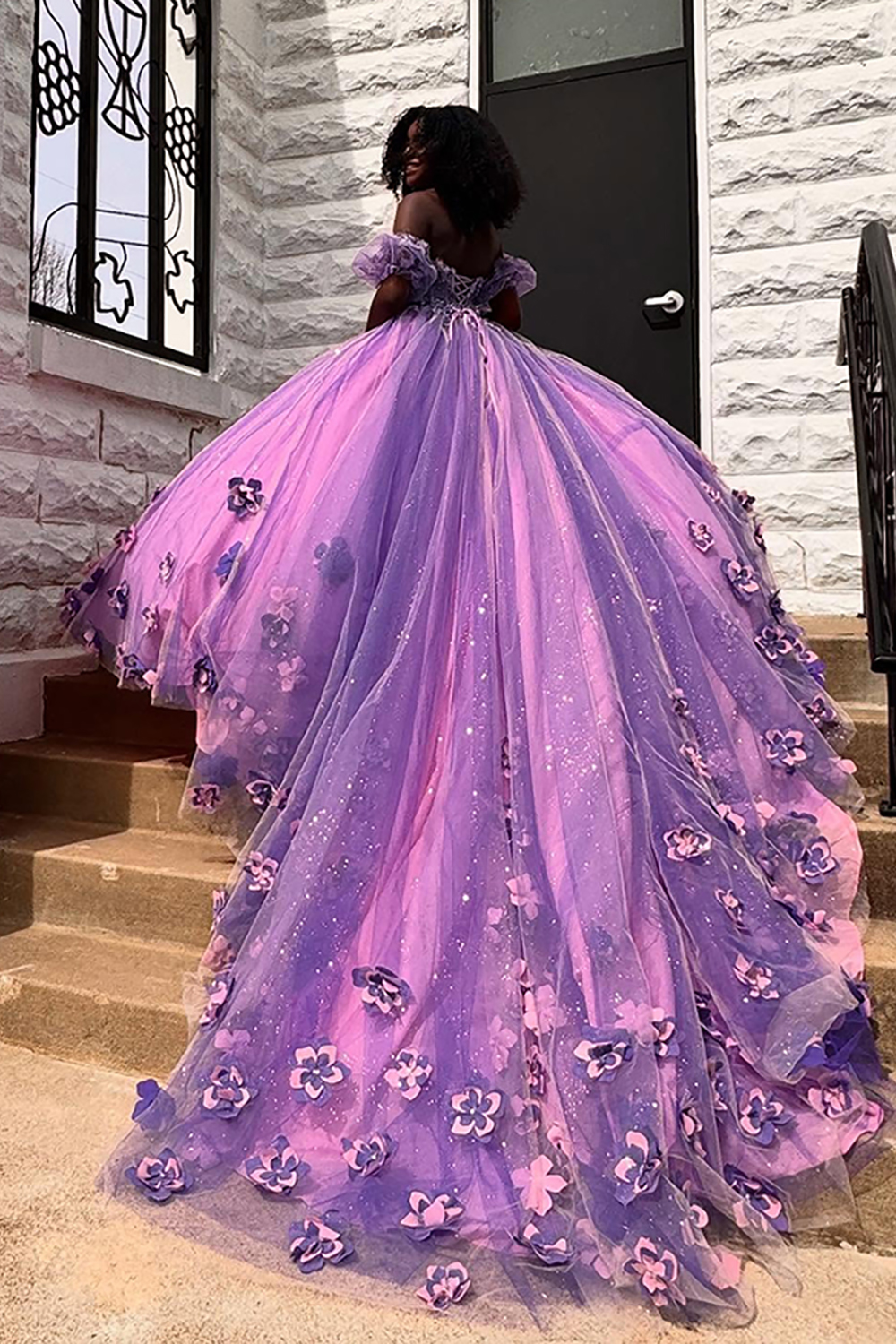 Sparkly Lilac Floral Tulle Princess Ball Gown Ruffled Long Quinceanera Dress