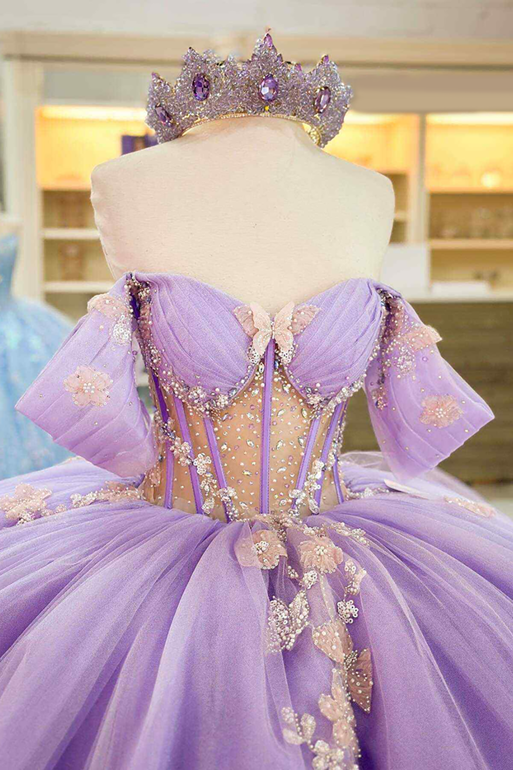 Sparkly Lilac Floral Corset Princess Ball Gown Long Quinceanera Dress with Rhinestone