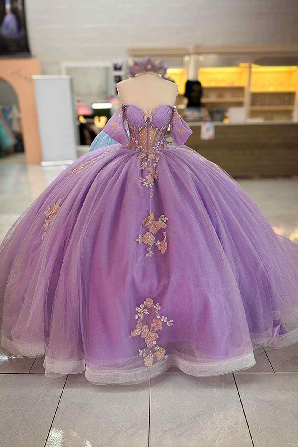 Sparkly Lilac Floral Corset Princess Ball Gown Long Quinceanera Dress with Rhinestone