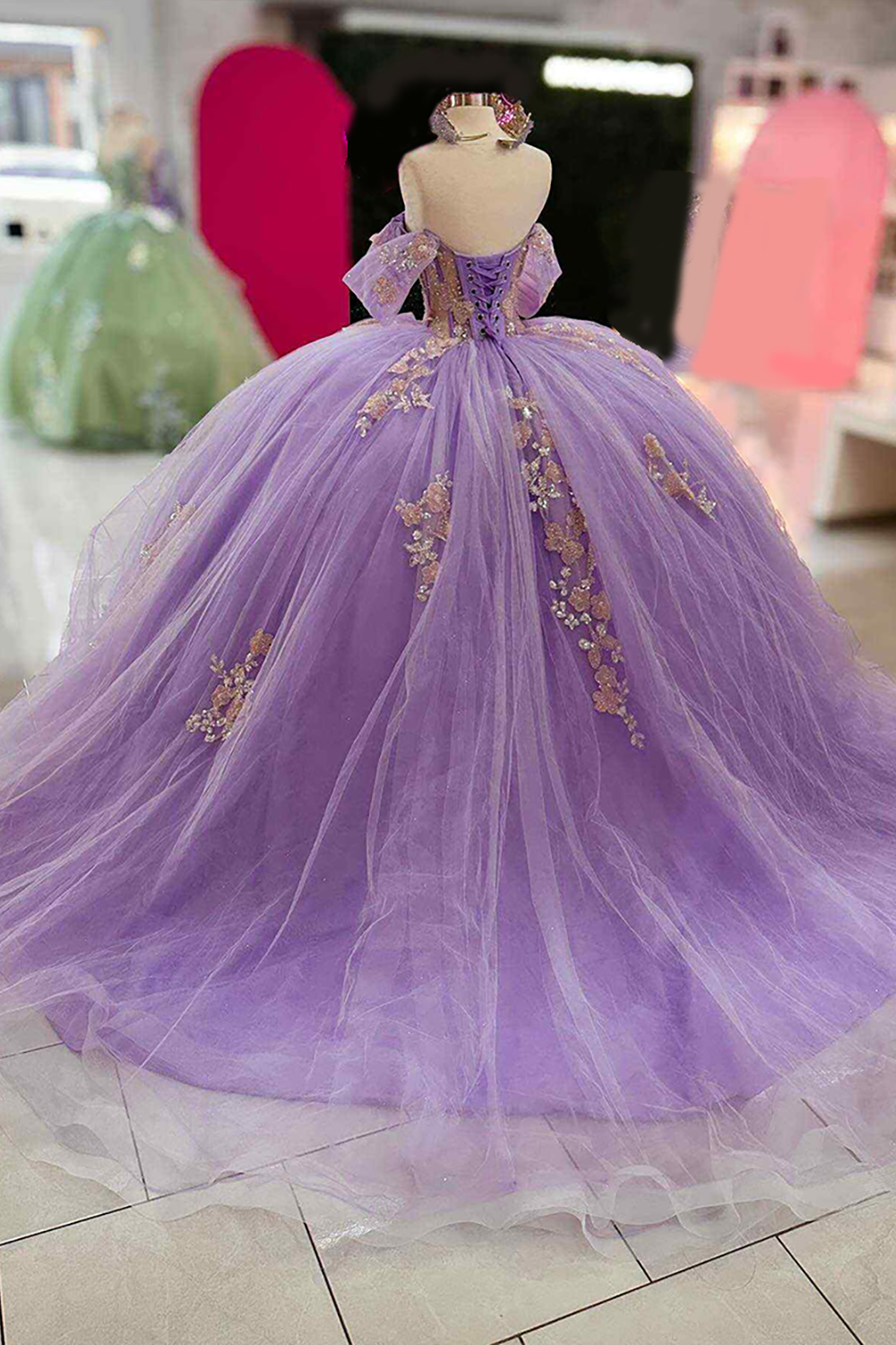 Sparkly Lilac Floral Corset Princess Ball Gown Long Quinceanera Dress with Rhinestone