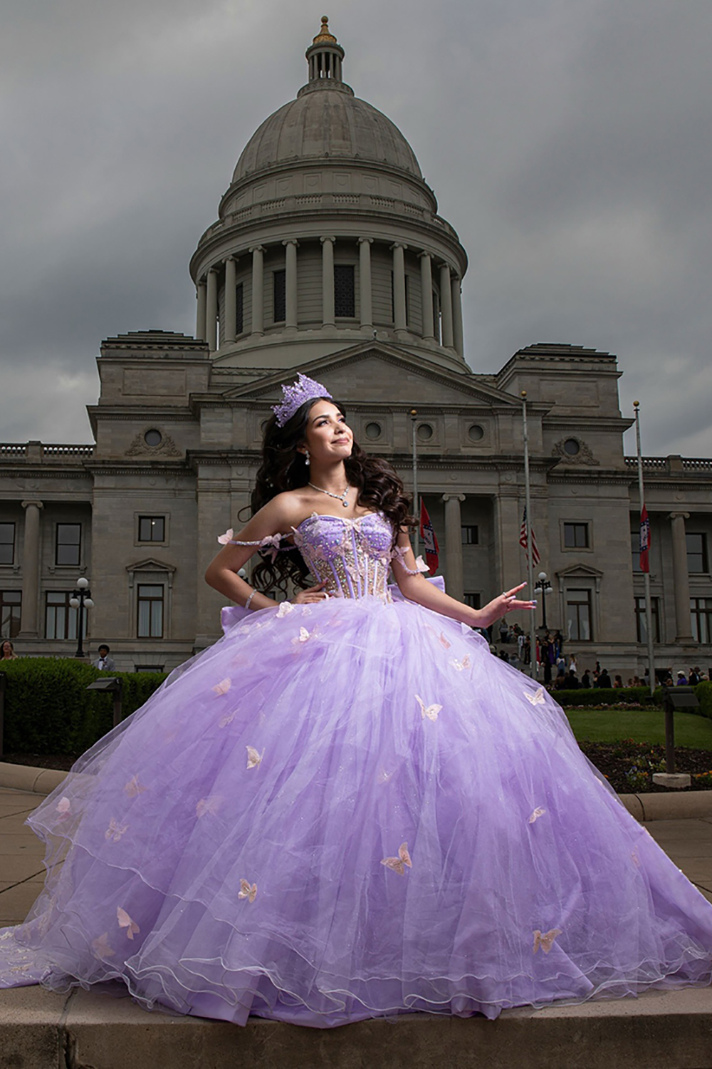 Sparkly Lilac Corset Princess Ball Gown Beaded Long Quinceanera Dress with Butterflies