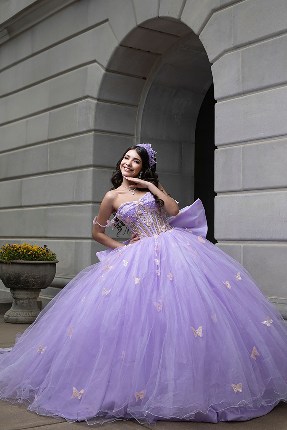 Sparkly Lilac Corset Princess Ball Gown Beaded Long Quinceanera Dress with Butterflies
