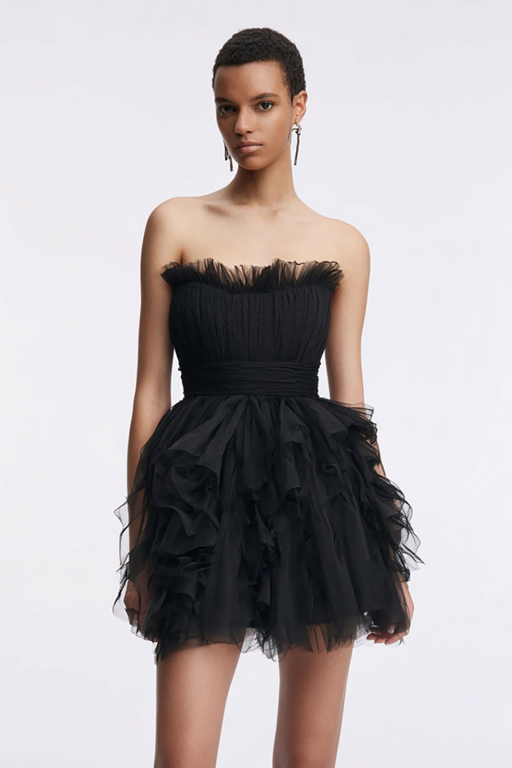 Tulle Strapless Tight Black Cocktail Dress with Ruffles