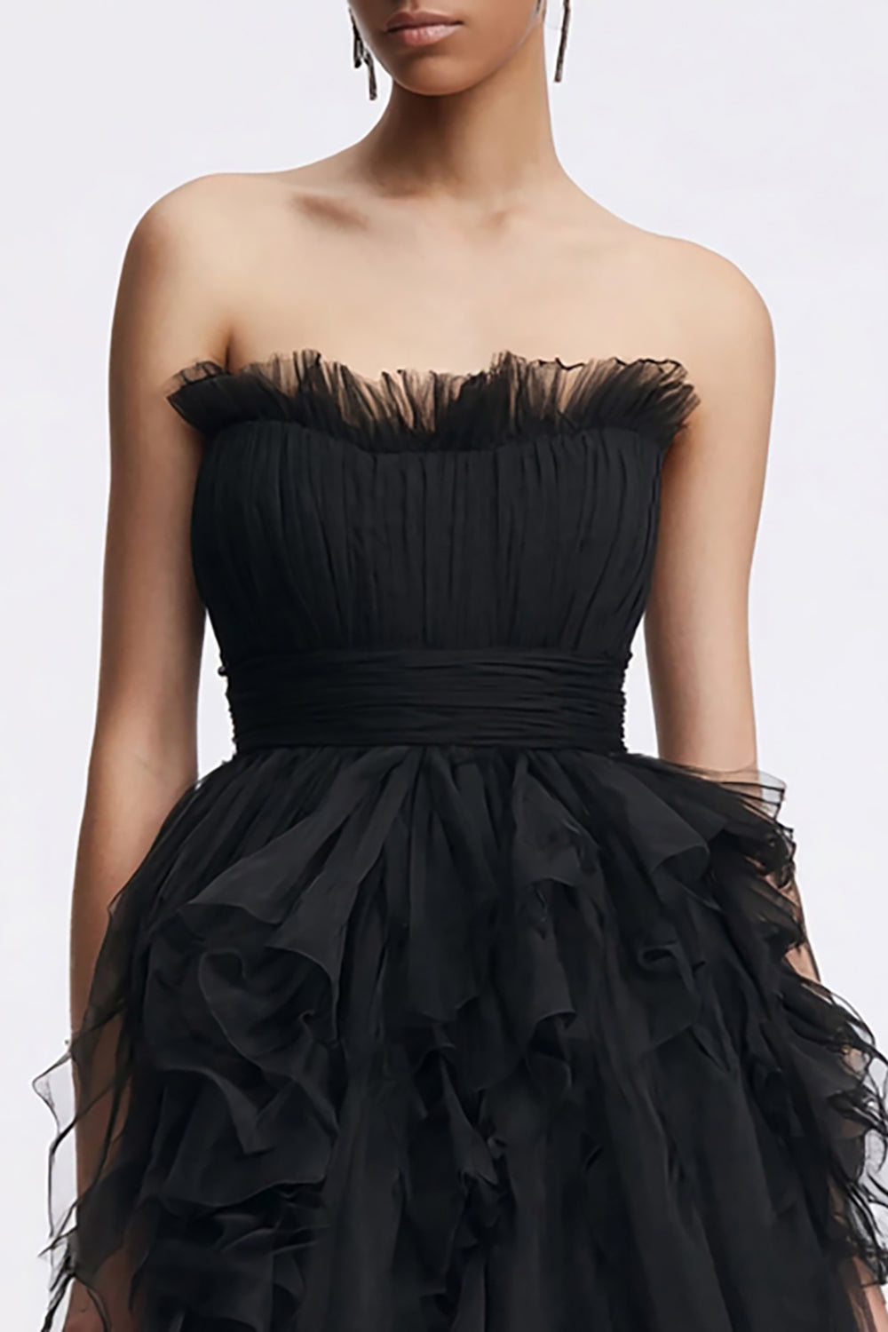 Tulle Strapless Tight Black Cocktail Dress with Ruffles