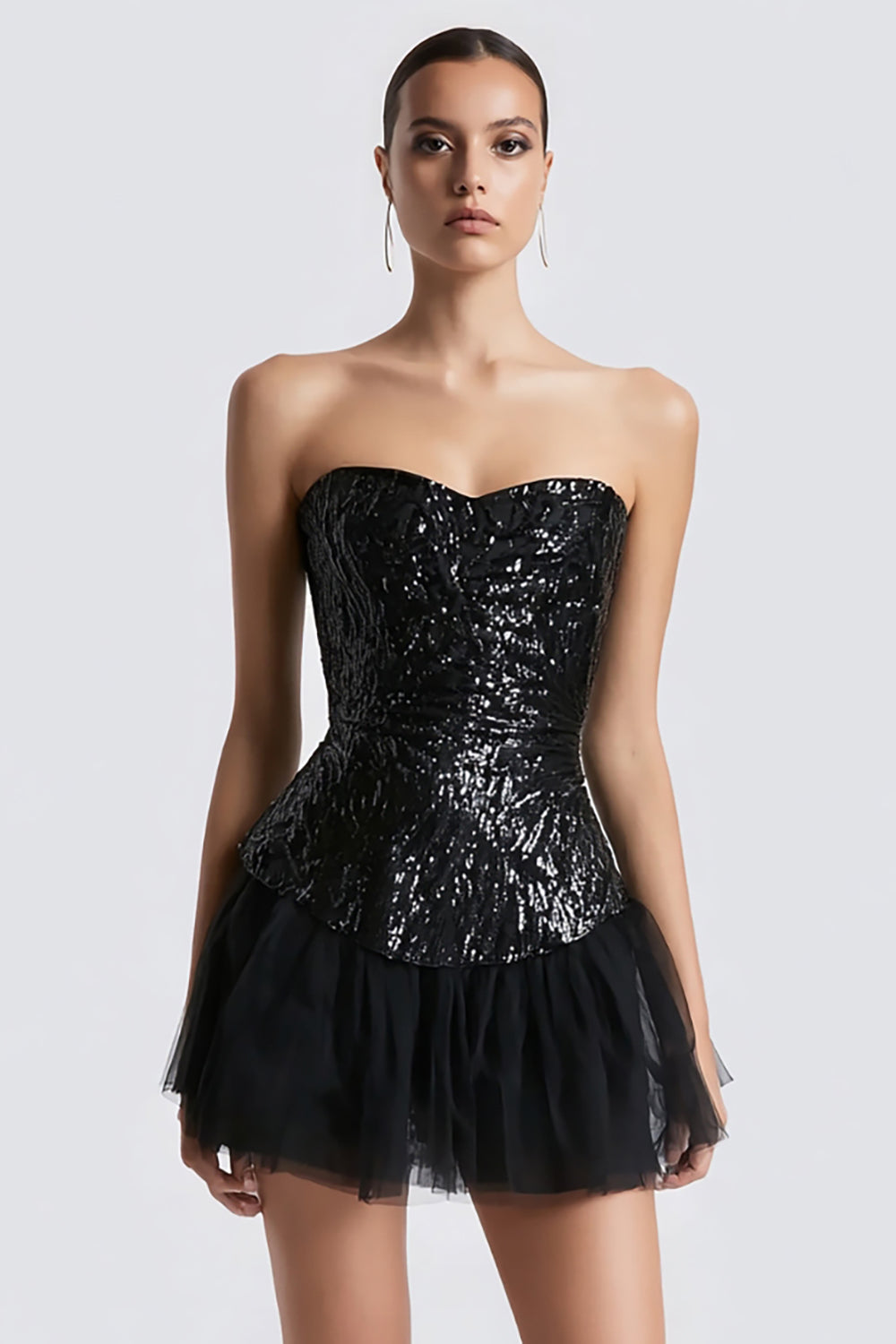 Sparkly Sweetheart Sequins A Line Black Short Cocktail Dress with Tulle