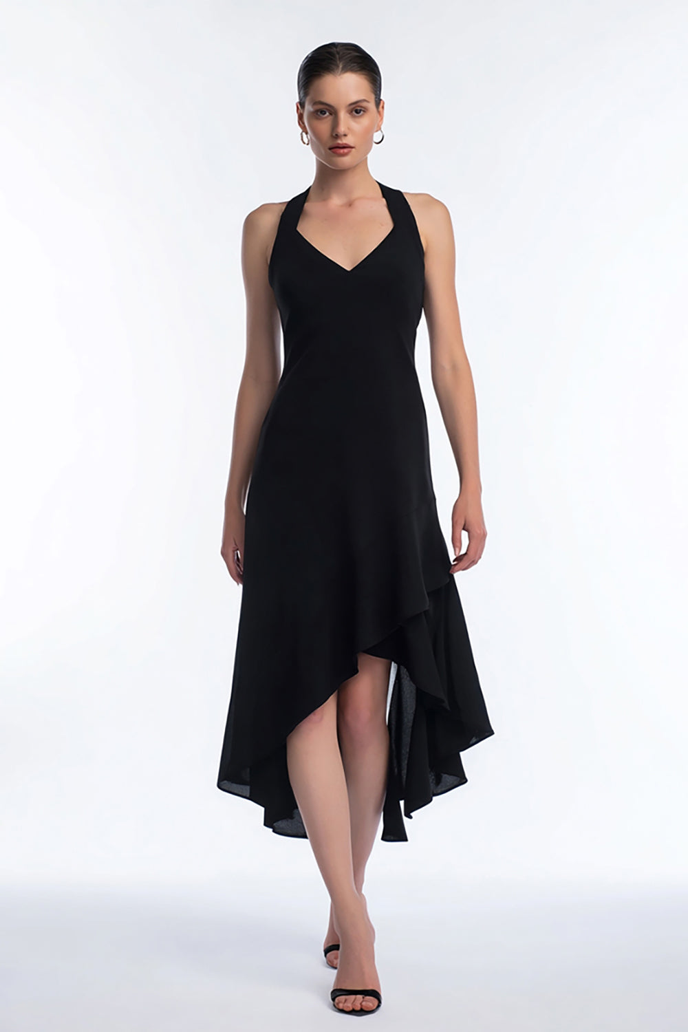 Simple A Line Halter High-Low Black Tie Dress