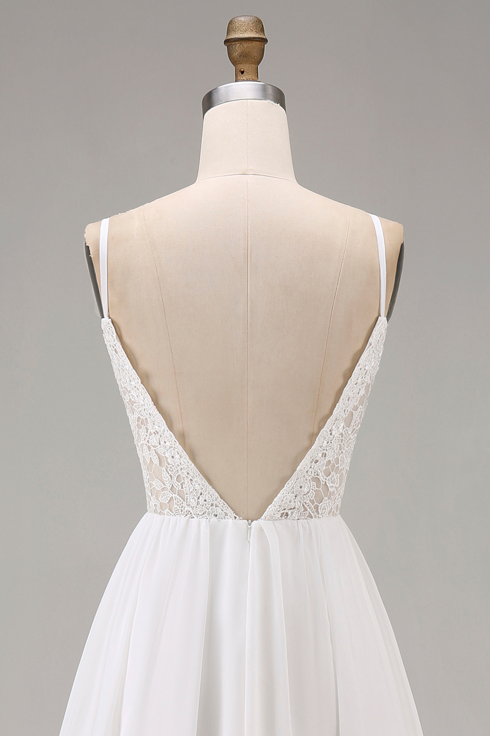 White Spaghetti Straps Maxi A Line Rehearsal Dinner Dress with Lace