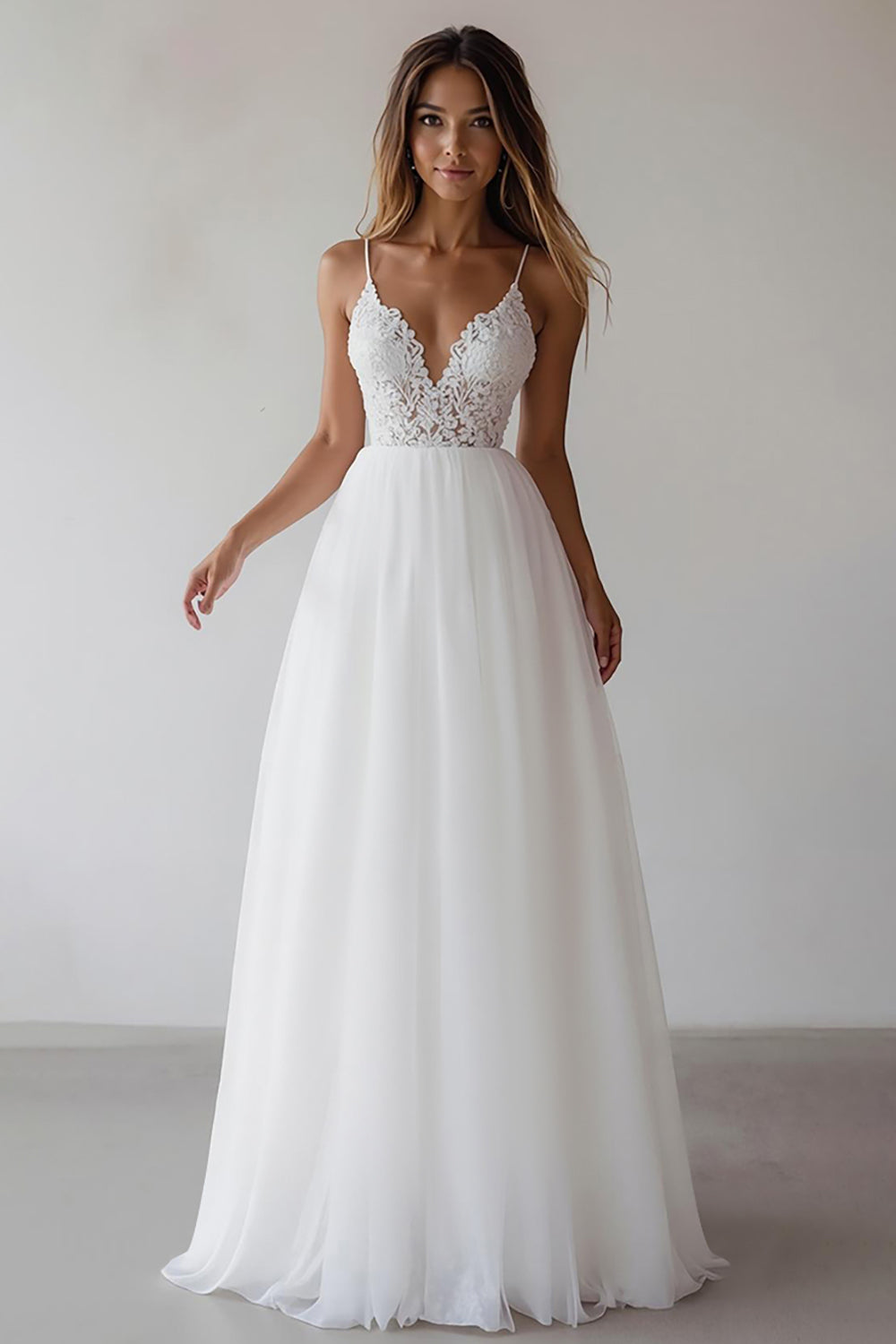 White Spaghetti Straps Maxi A Line Rehearsal Dinner Dress with Lace