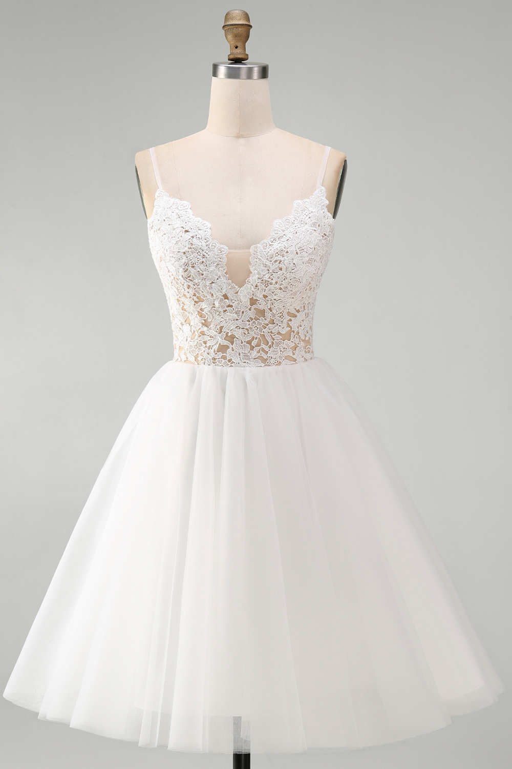 A Line White Spaghetti Straps Short Graduation Dress with Lace