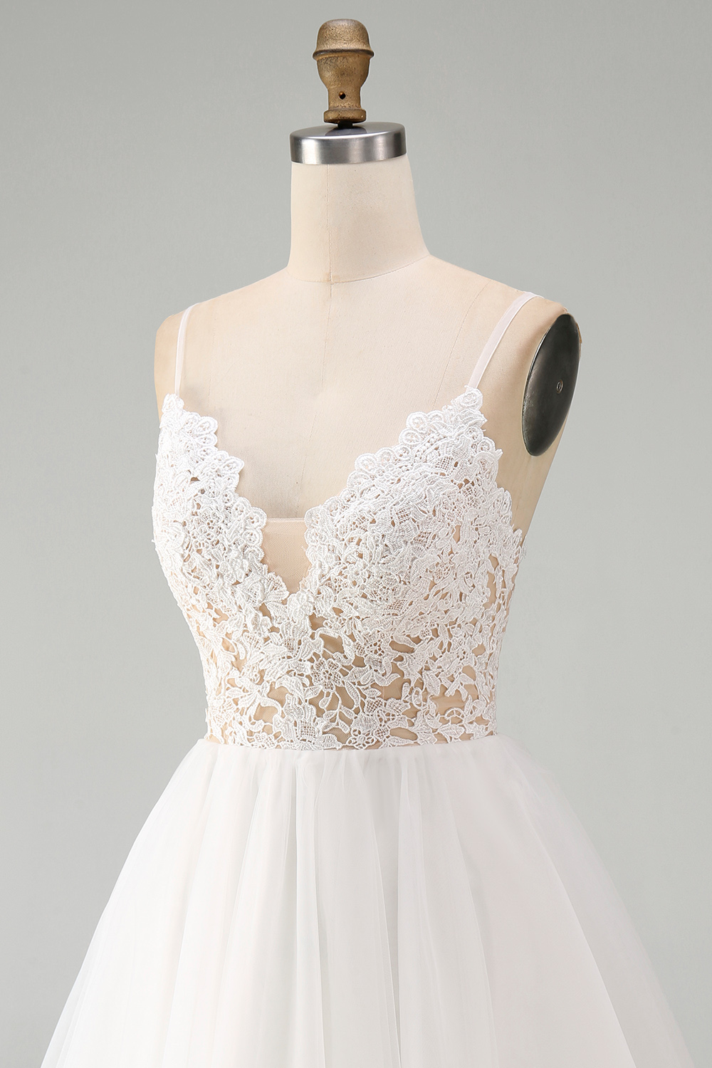 A Line White Spaghetti Straps Short Graduation Dress with Lace