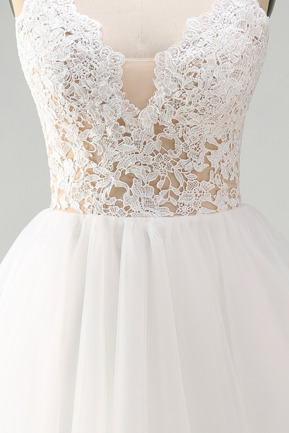 A Line White Spaghetti Straps Short Graduation Dress with Lace