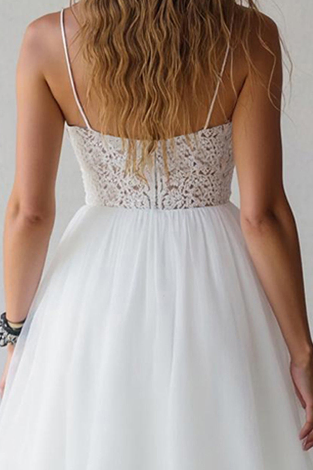 A Line White Spaghetti Straps Short Graduation Dress with Lace