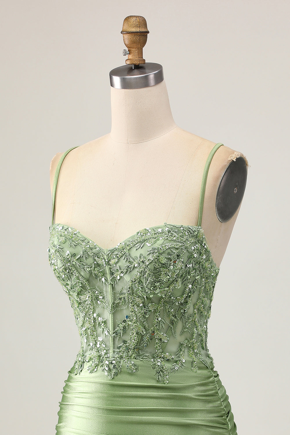 Sparkly Appliqued Sage Green Tight Short Corset Homecoming Dress