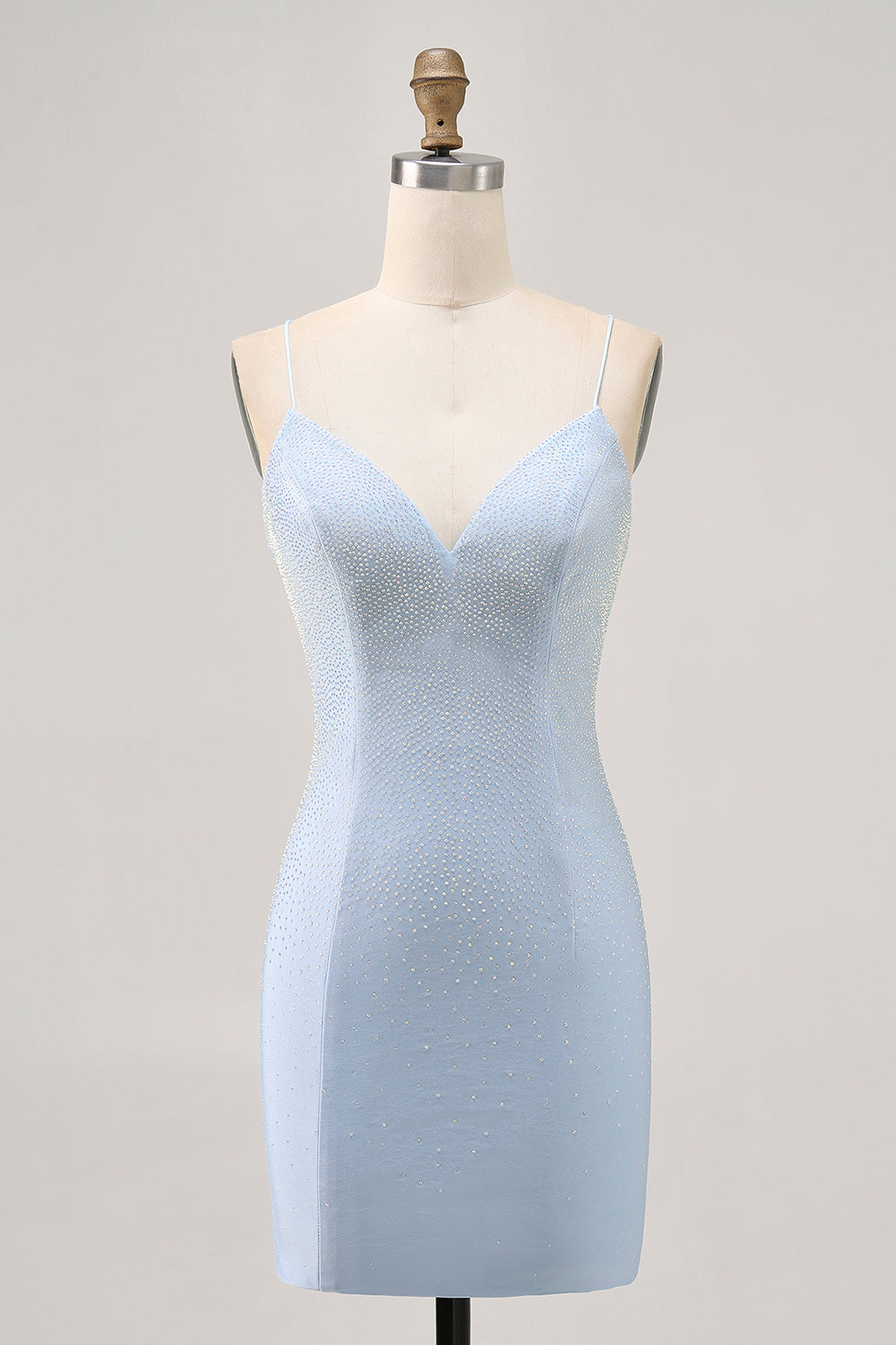 Sparkly Light Blue Spaghetti Straps Tight Short Homecoming Dress with Beading