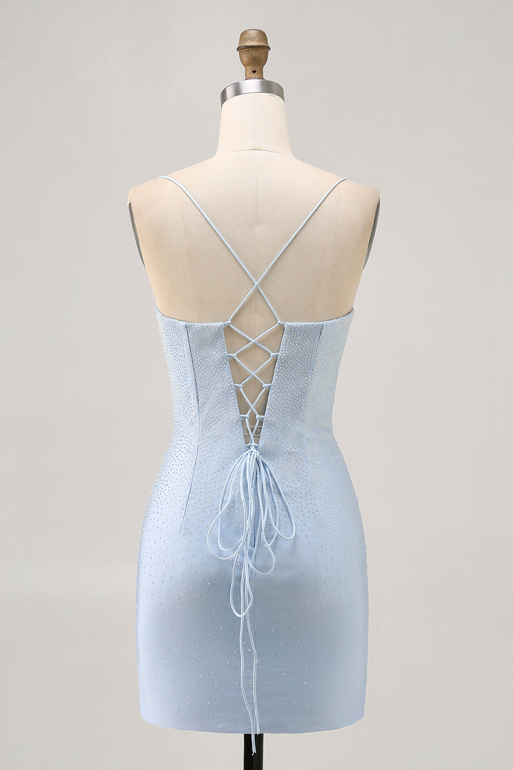 Sparkly Light Blue Spaghetti Straps Tight Short Homecoming Dress with Beading