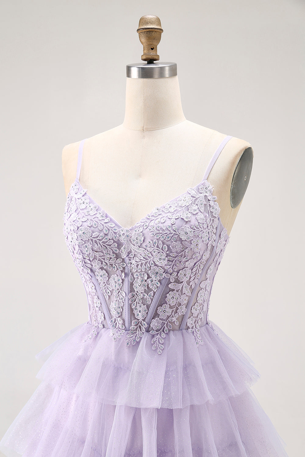 Glitter Lilac Corset A Line Tiered Long Prom Dress with Lace