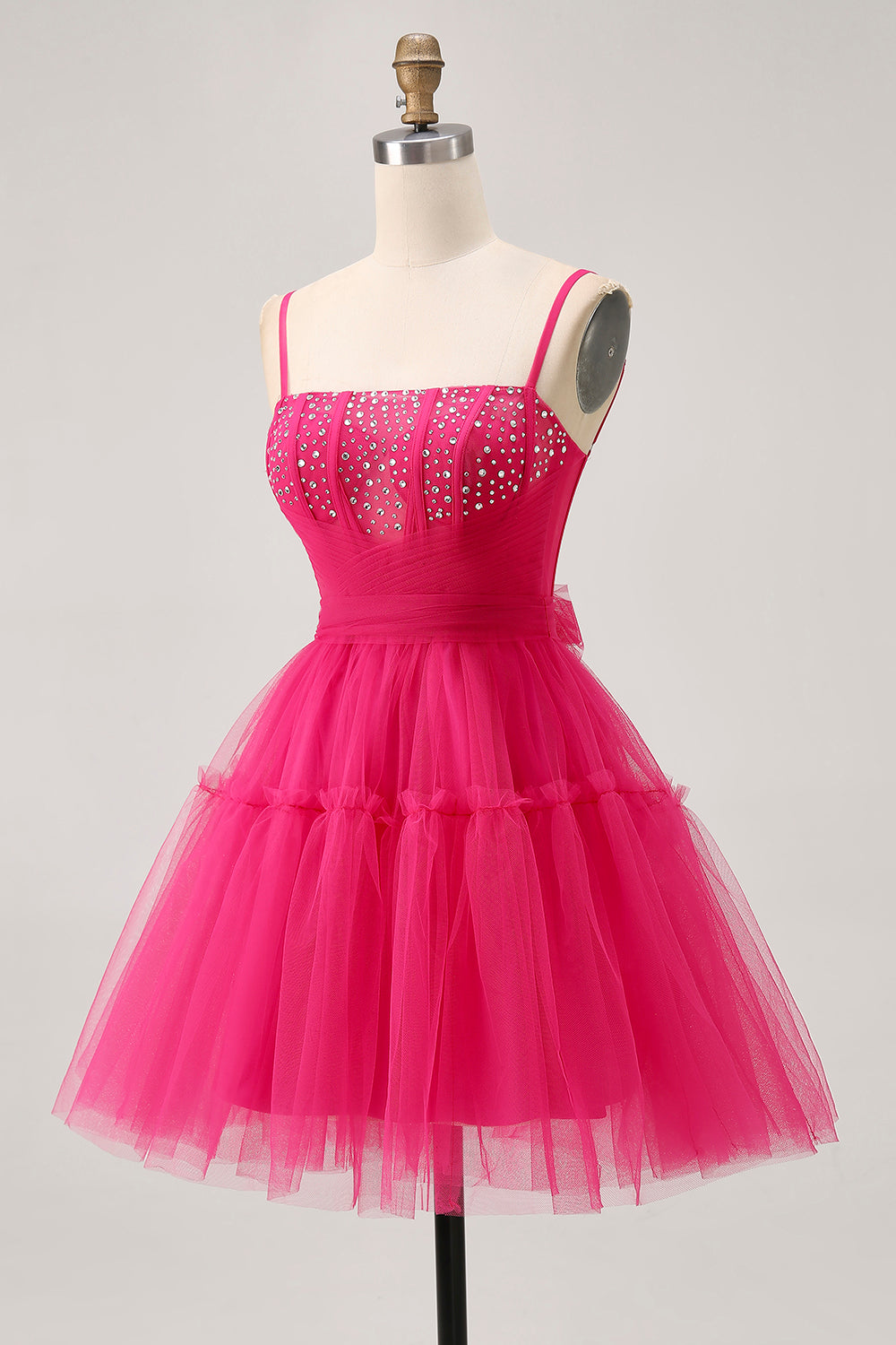 Sparkly Fuchsia A Line Tulle Short Corset Homecoming Dress with Beading
