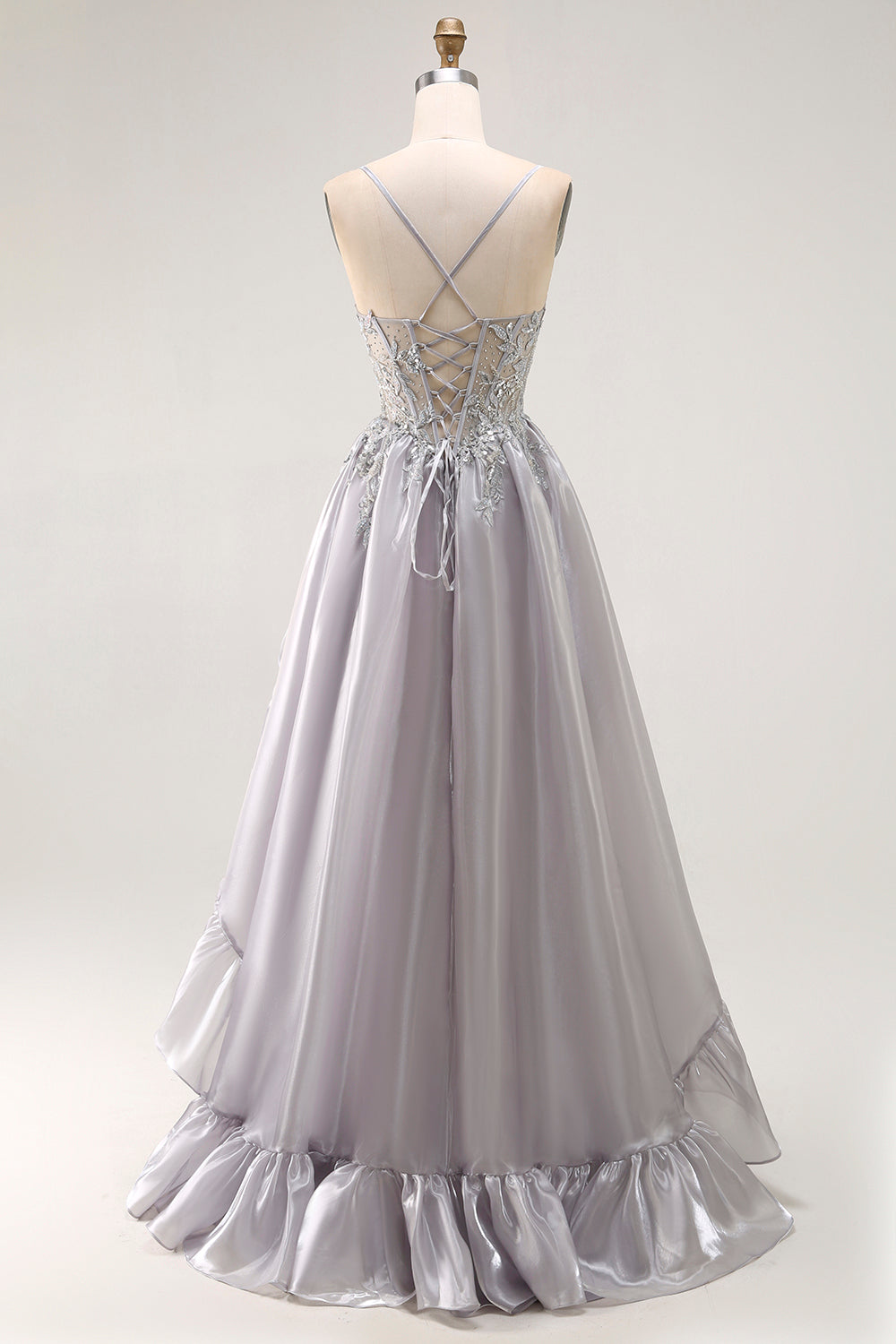 Sparkly Grey Ruffled A Line Long Corset Prom Dress with Beading