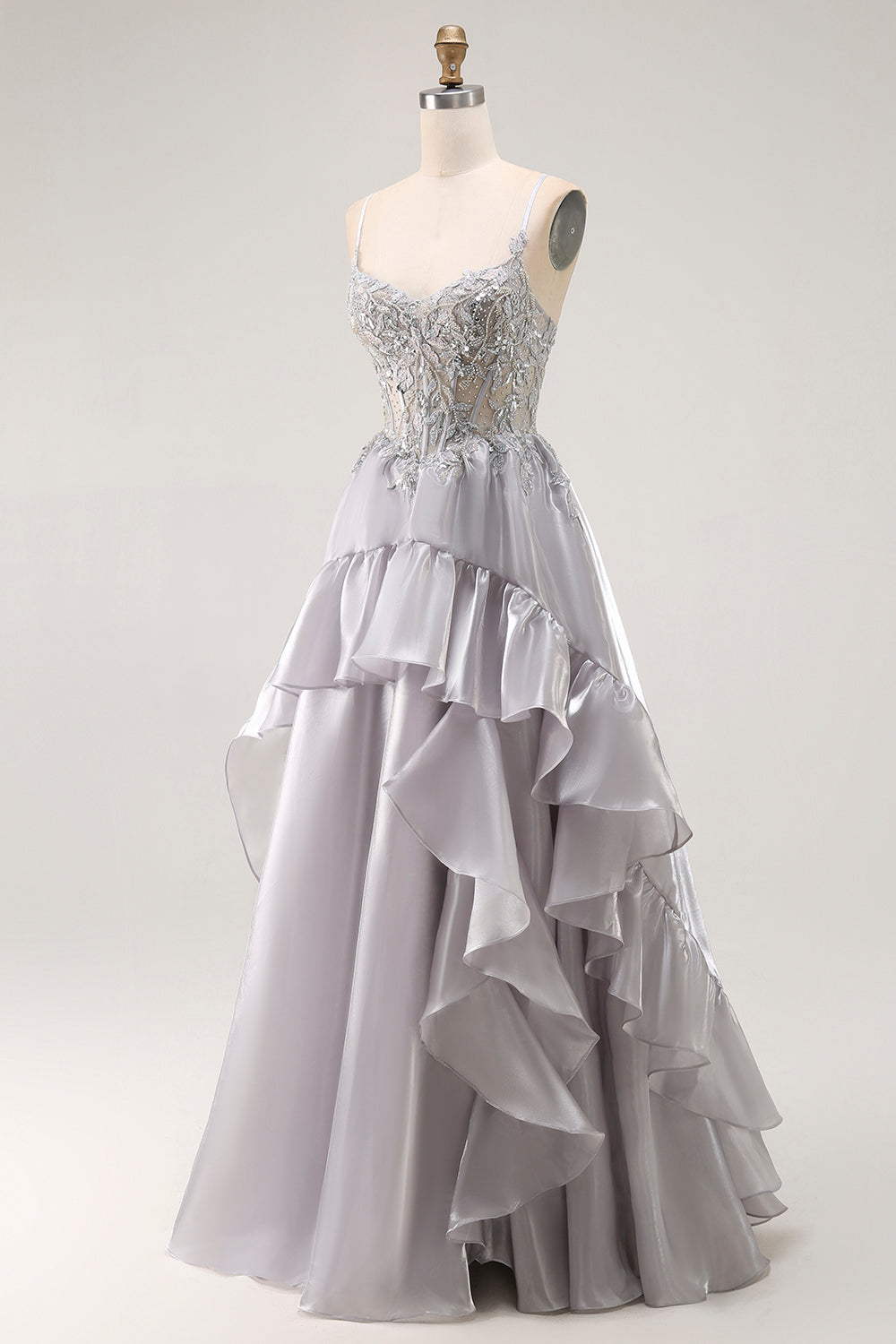 Sparkly Grey Ruffled A Line Long Corset Prom Dress with Beading