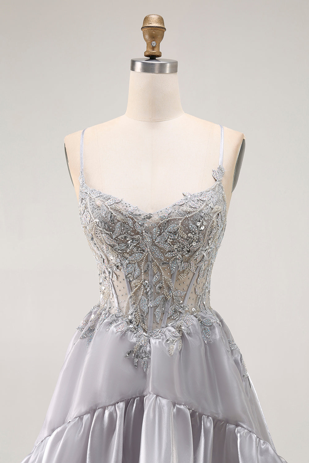 Sparkly Grey Ruffled A Line Long Corset Prom Dress with Beading