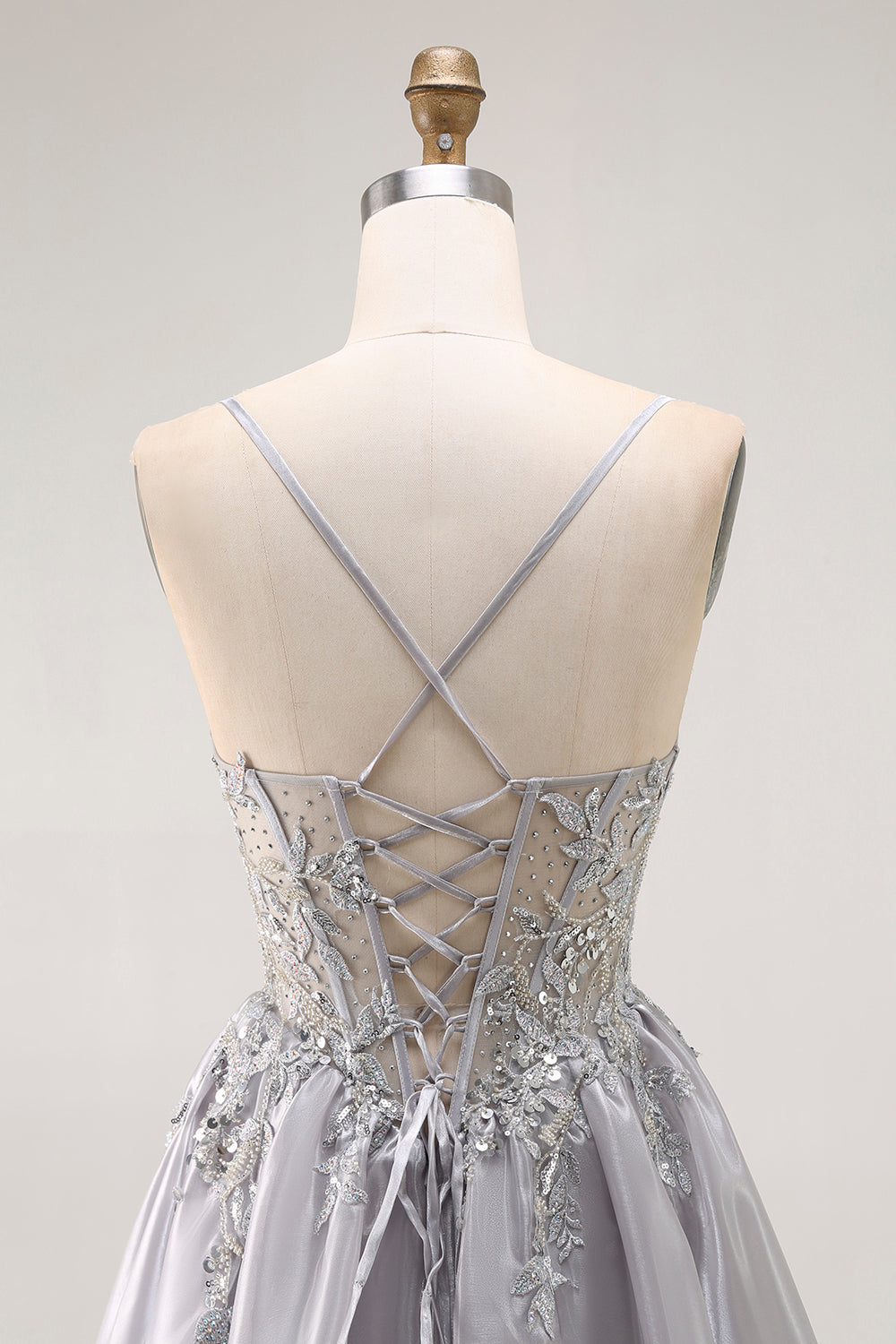Sparkly Grey Ruffled A Line Long Corset Prom Dress with Beading